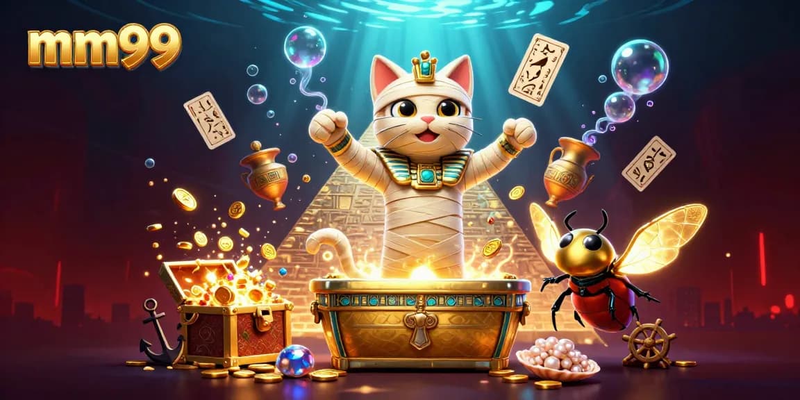 Experience mm99 excitement with dynamic casino-themed 3D illustration featuring Egyptian mummy cat and vibrant game elements.