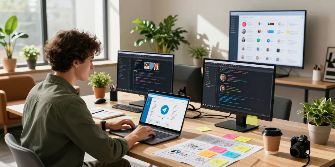 Utilizing the Telegram Web Version in a vibrant co-working space for effective communication and collaboration.