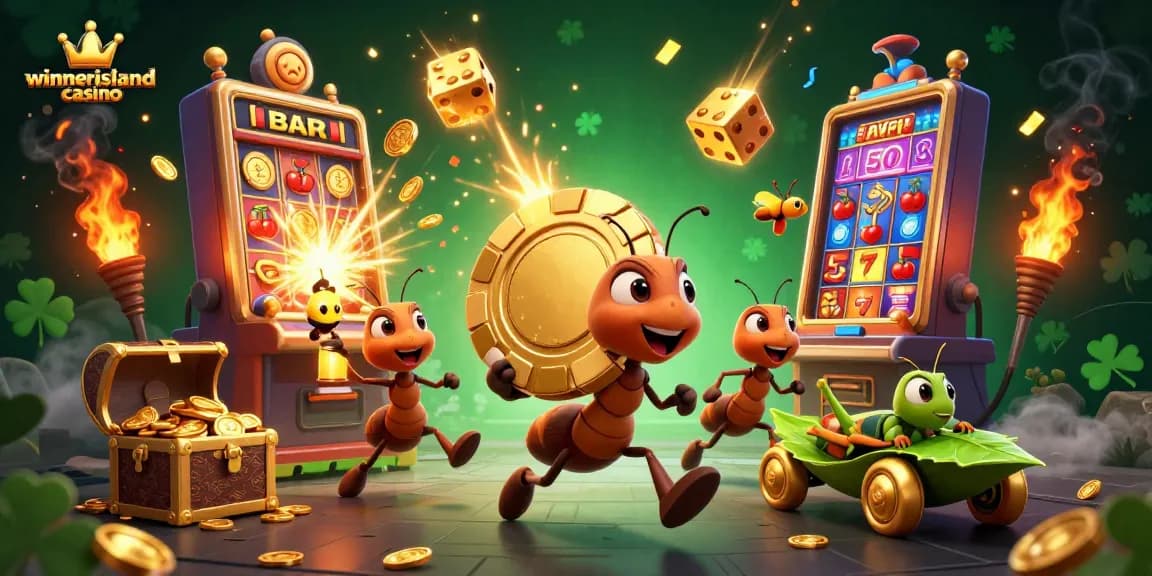Win at winnerislandcasino with cartoon ants heisting a giant poker chip amidst casino chaos.