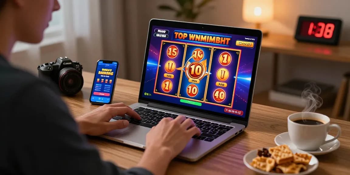 Pengguna bermain slot online dengan laptop dan jackpot digital di sekelilingnya.