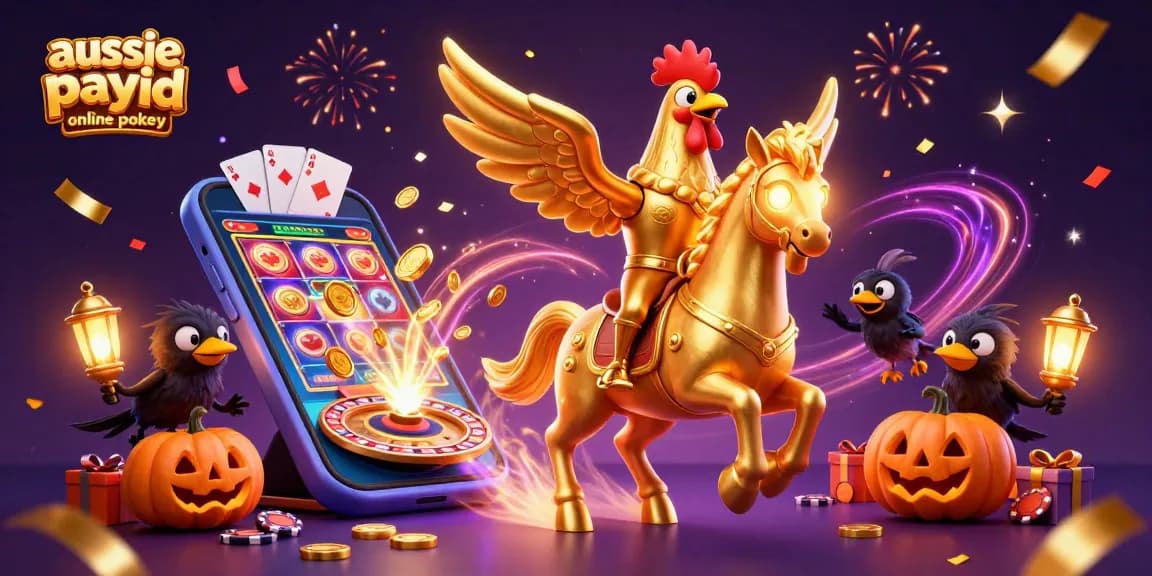 Aussie PayID online pokies scene featuring a golden rooster and casino elements creating excitement and vibrant energy.