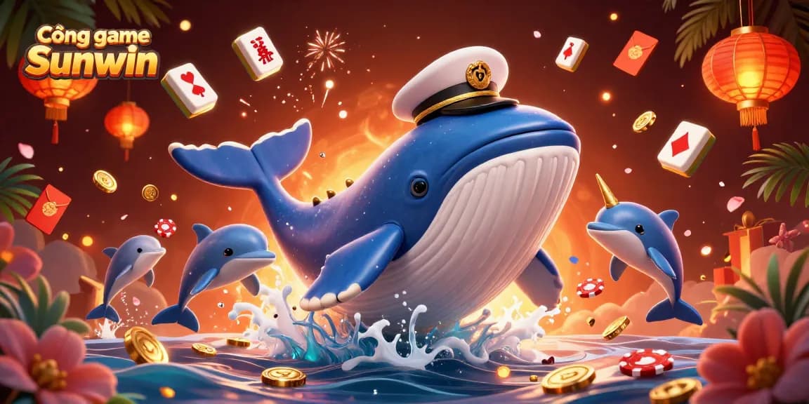 Cổng game Sunwin features a fantastical scene with a cartoon whale, narwhal, and dolphins triumphantly showcasing winning moments in a vibrant casino setting.