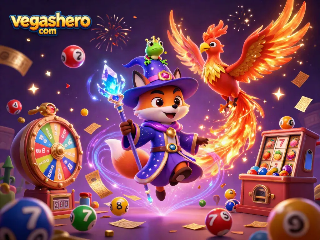 Experience the excitement of vegashero com with a mystical fox and phoenix in a vibrant casino scene.