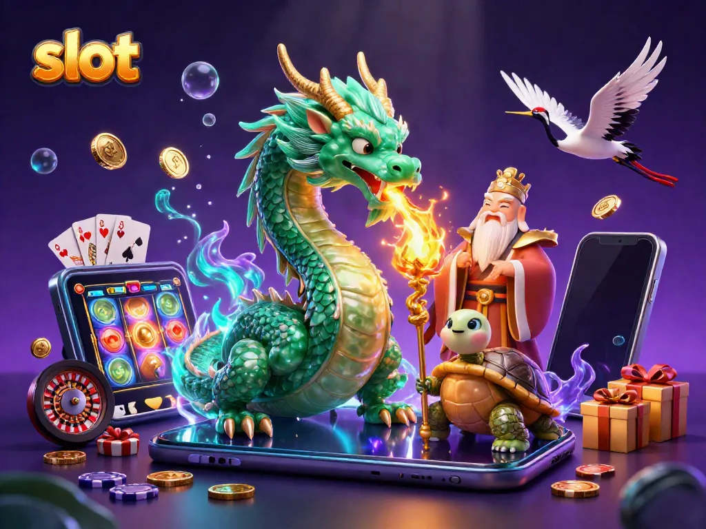 Engage with slot games through a magical scene featuring vibrant dragons, turtles, and cranes.