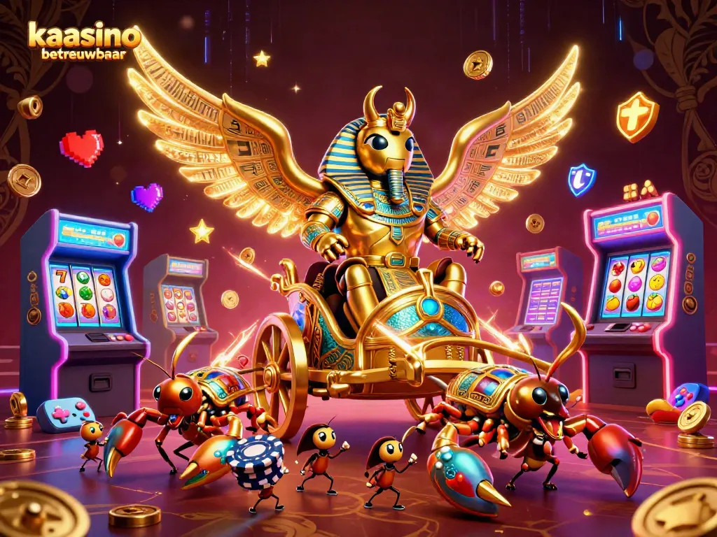 Kaasino betrouwbaar casino illustration showing a golden scarab beetle with scorpions in a vibrant gaming scene.