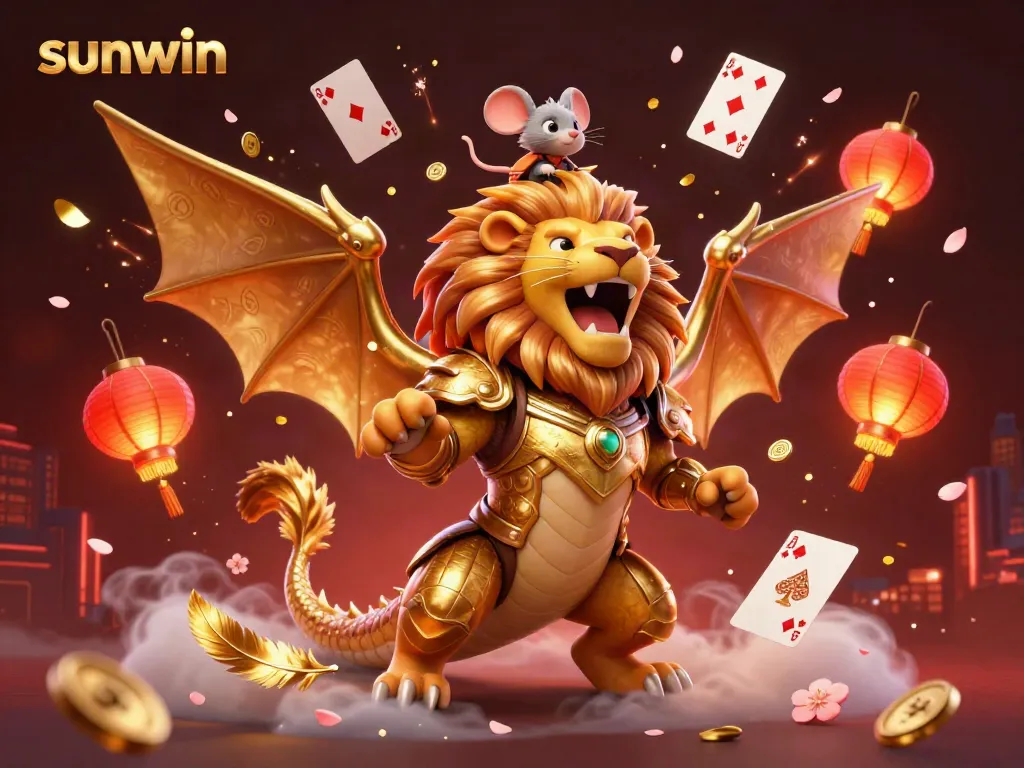 Experience the thrill of sunwin with this vibrant 3D casino illustration showcasing dynamic playful creatures and game elements.