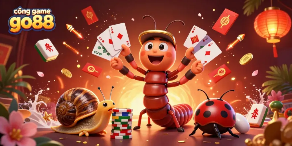 Experience excitement at cổng game go88 with a vibrant 3D illustration featuring a lively dealer and high-roller.