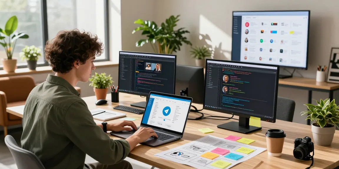 Utilizing the Telegram Web Version in a vibrant co-working space for effective communication and collaboration.