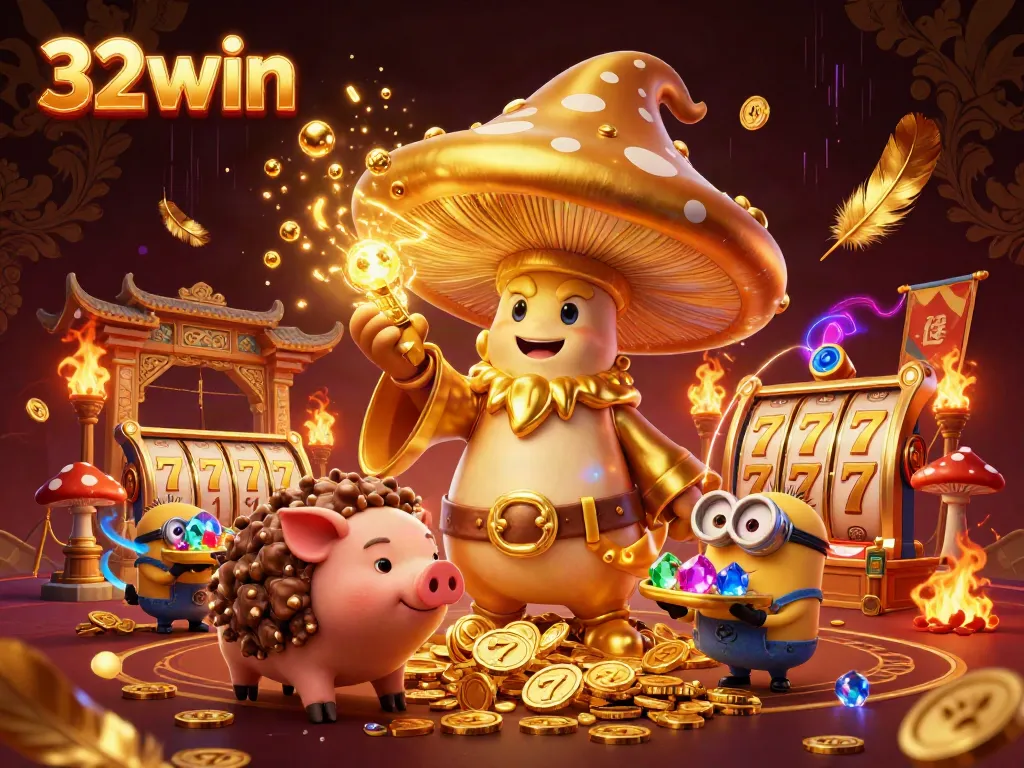 Experience thrilling magic at 32win, with a golden wizard, treasures, and vibrant casino elements.