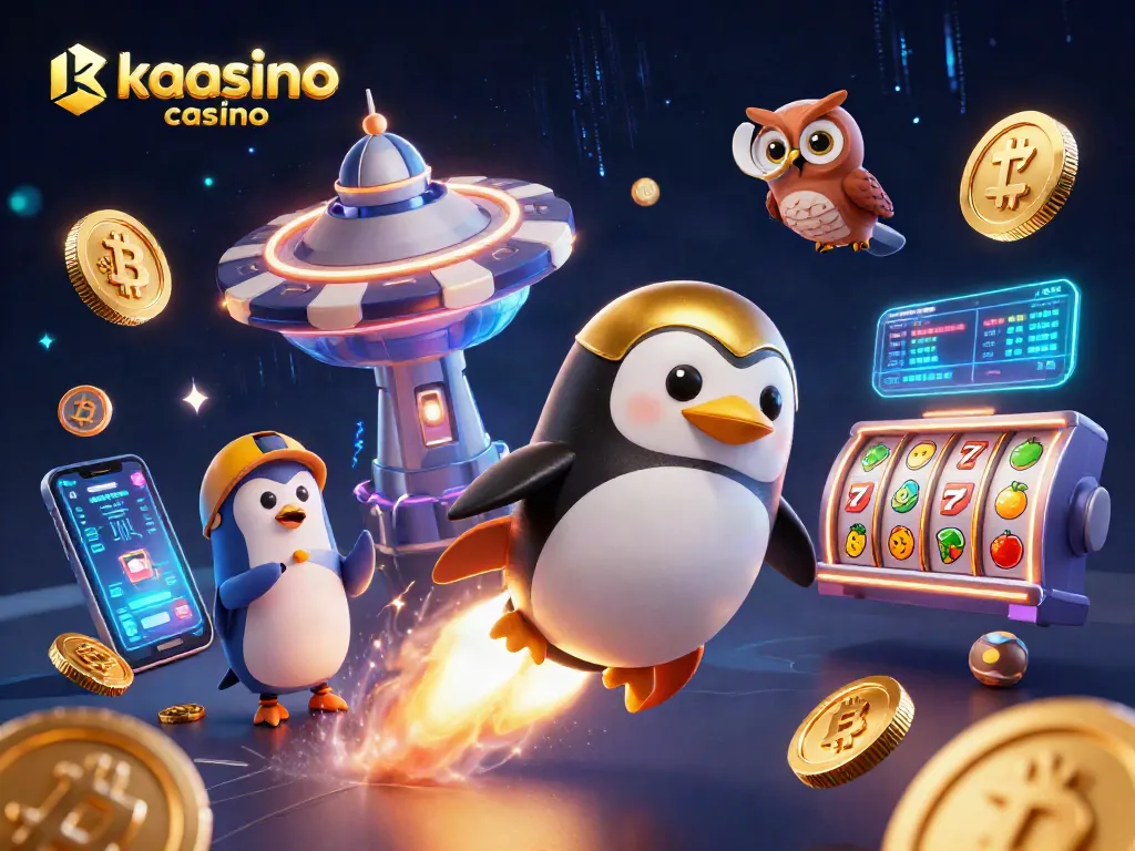 Experience thrilling gameplay at kaasino casino with a vibrant 3D illustration of a rocket-powered penguin in cosmic action.