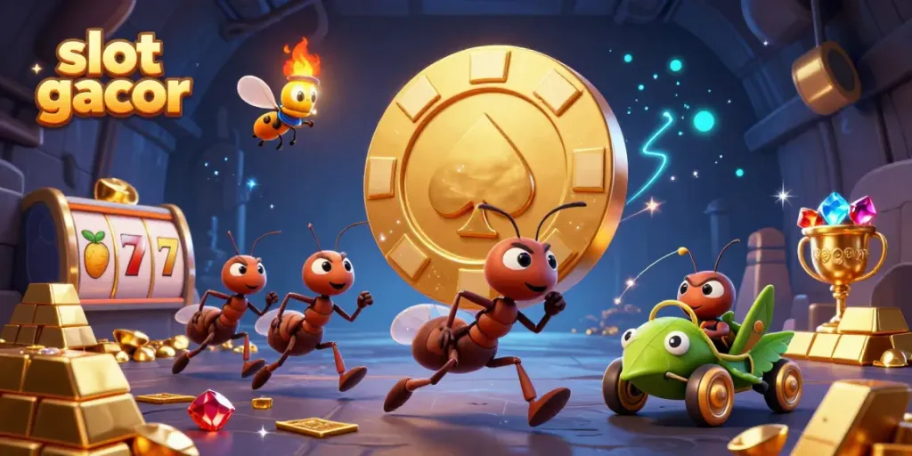 Experience slot gacor action with a cartoon heist of ants and vibrant casino elements.