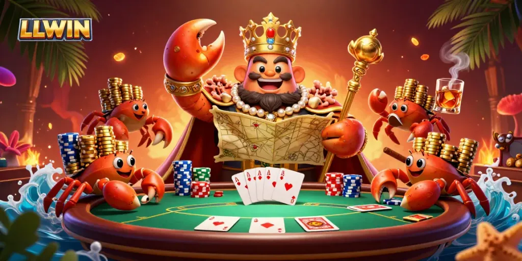 LLWIN showcases an epic 3D scene of a golden crab emperor amidst vibrant poker elements, capturing dynamic gaming energy.