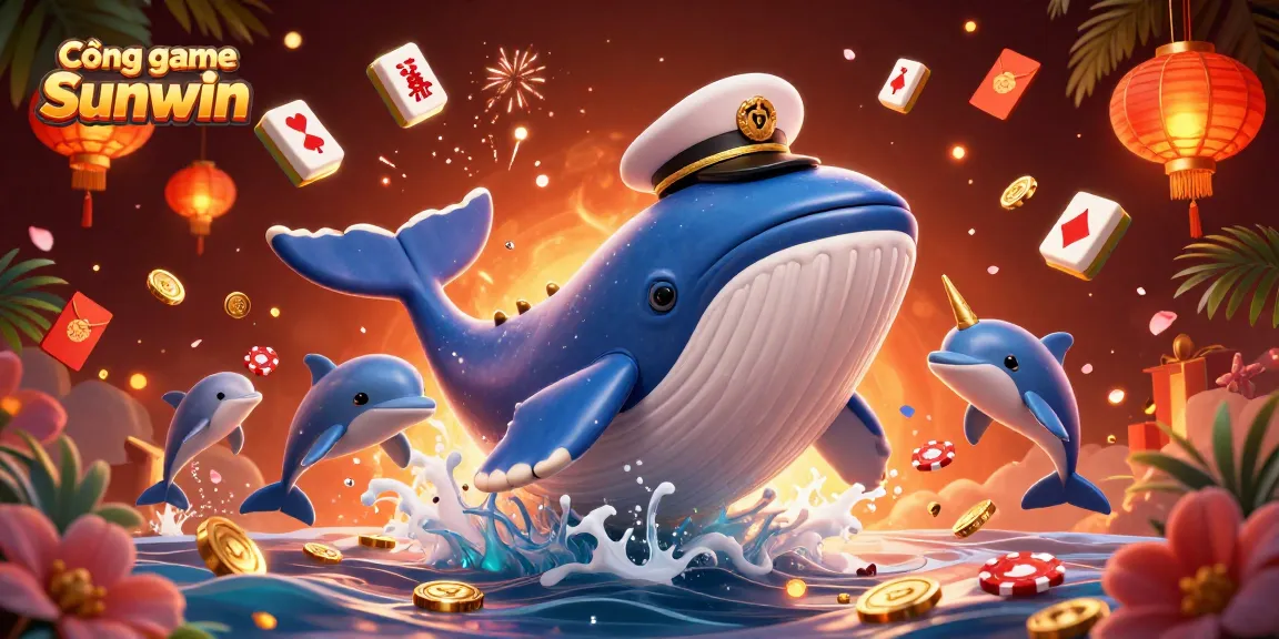 Cổng game Sunwin features a fantastical scene with a cartoon whale, narwhal, and dolphins triumphantly showcasing winning moments in a vibrant casino setting.