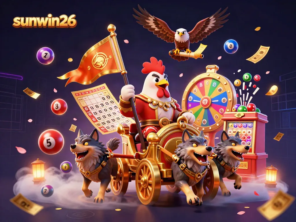 Experience the excitement of sunwin26 with a dynamic 3D gambling illustration featuring a rooster warlord and game elements.