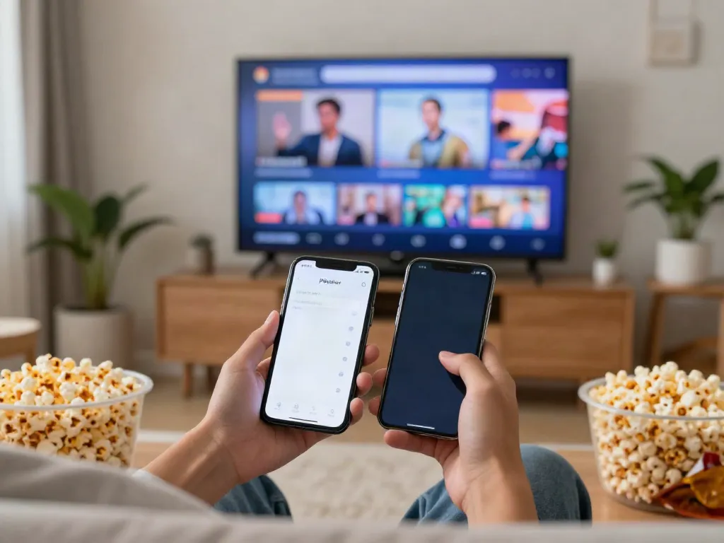 Pikashow app user enjoying free streaming content on their smartphone in a cozy living room.